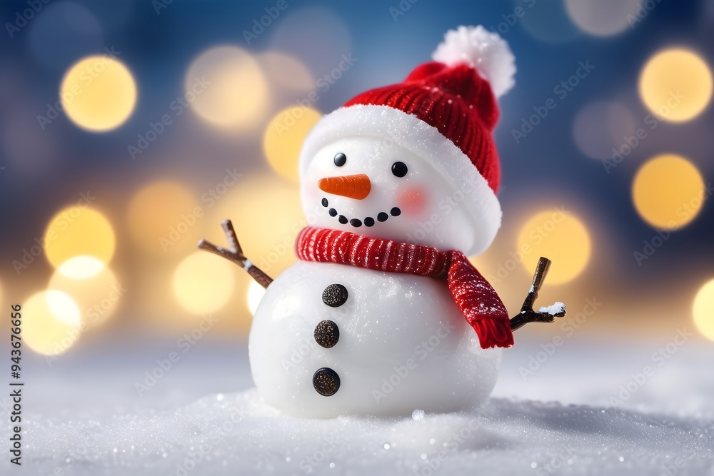 Snowman in the snow wearing a hat and scarf. Joyful Christmas background for the holiday season. Snowman in the snow wearing a hat and scarf. Joyful Christmas background for the holiday season.
