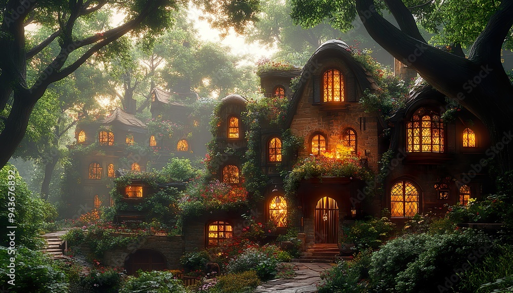 Obraz premium Splendid city covered with green trees and plant. Digital art . , no texte, no titre in picture ,cinematic lighting, design stage design,