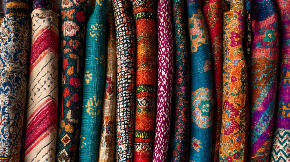 Detailed close-up of woven textiles from India with intricate patterns and vibrant colors Detailed close-up of woven textiles from India with intricate patterns and vibrant colors