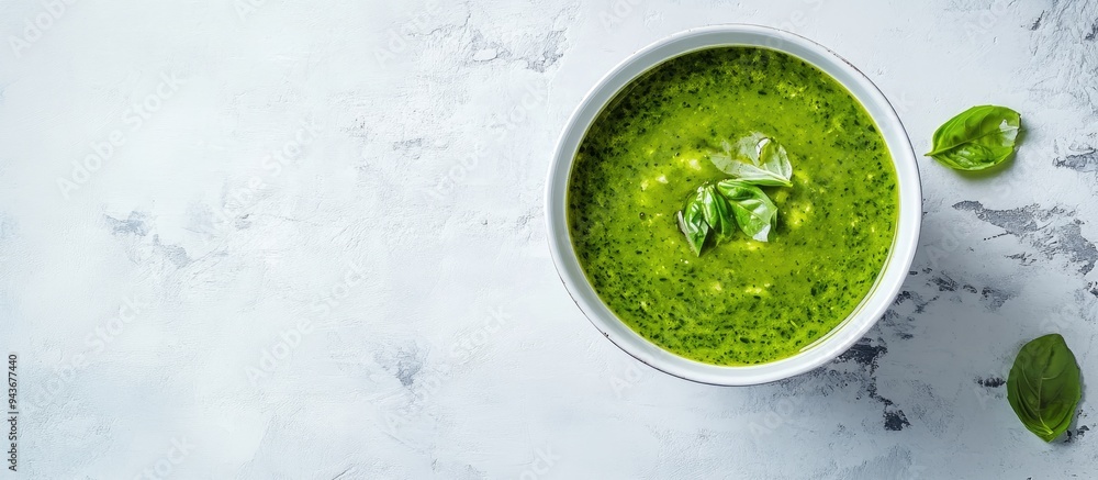 Green curry soup viewed from above on a white table with copy space Green curry soup viewed from above on a white table with copy space