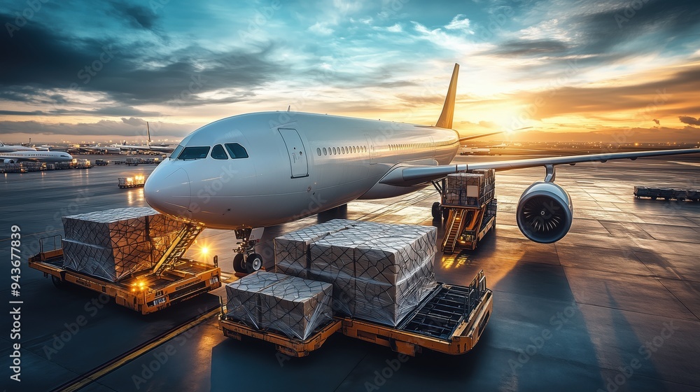 Fototapeta premium Cargo Pallets Prepared for Air Freight Loading. Cargo pallets on loading platforms ready to be loaded onto an aircraft, highlighting efficient air freight logistics and global trade operations.
