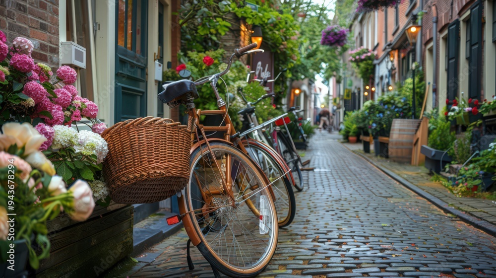 Show a classic bicycle with a wicker basket parked on a charming cobblestone street, surrounded Show a classic bicycle with a wicker basket parked on a charming cobblestone street, surrounded