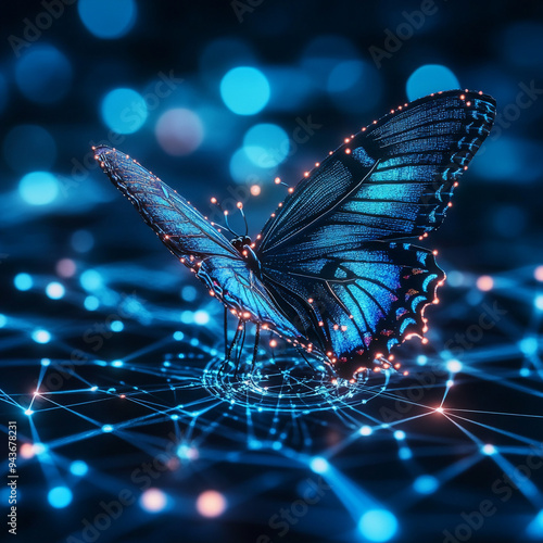 futuristic network of Digital and business transformation connected by graphs to a butterfly shown from eye-level angle with front-lighting 