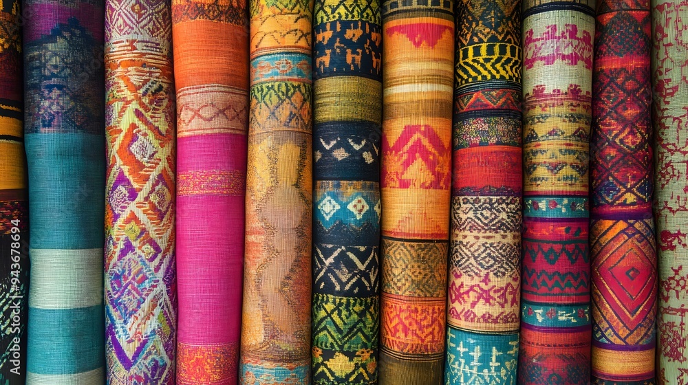 Close-up of handmade textiles with vibrant patterns from Southeast Asia Close-up of handmade textiles with vibrant patterns from Southeast Asia