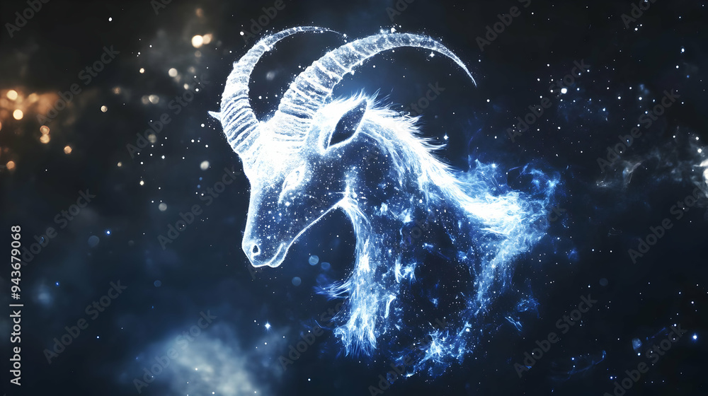 A glowing, blue, starry Capricorn constellation in the night sky. A glowing, blue, starry Capricorn constellation in the night sky.