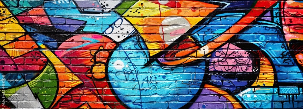 Colorful abstract graffiti mural on brick wall with geometric shapes ...