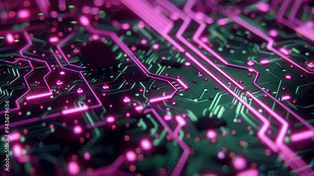 Fototapeta premium Circuit pathway digital technology with pink light line connecting data broad