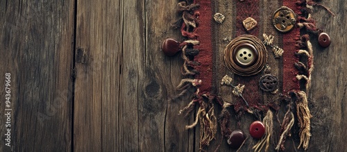 Old band featuring embroidered decorations and a vintage button on a textured surface of weathered boards Instagram image filter retro style. with copy space image. Place for adding text or design photo