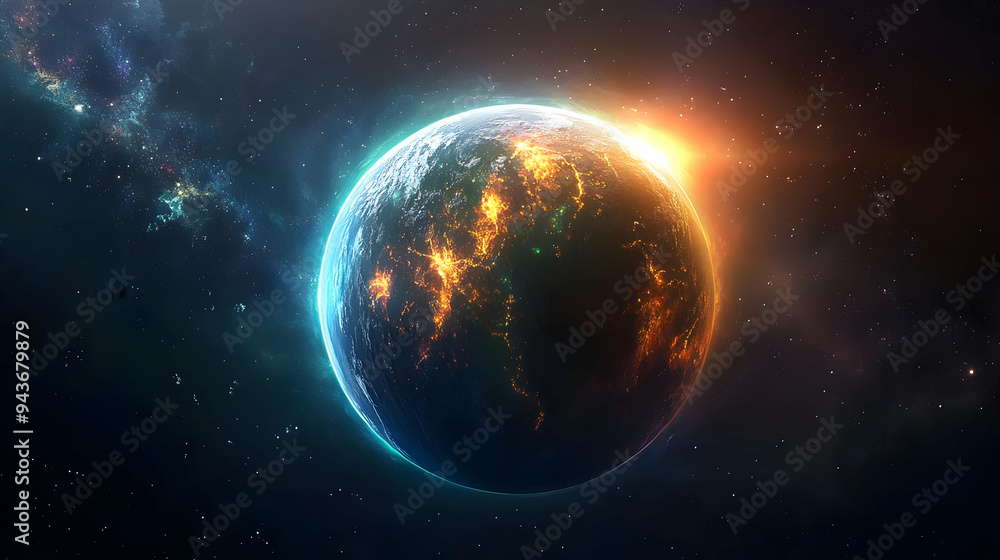 Fototapeta premium A glowing, vibrant planet in space with a warm sun shining.