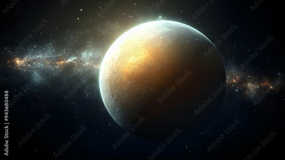 Naklejka premium A golden planet in space with a glowing halo, surrounded by a field of stars.