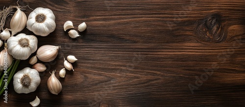 garlic on a dark brown wood...
