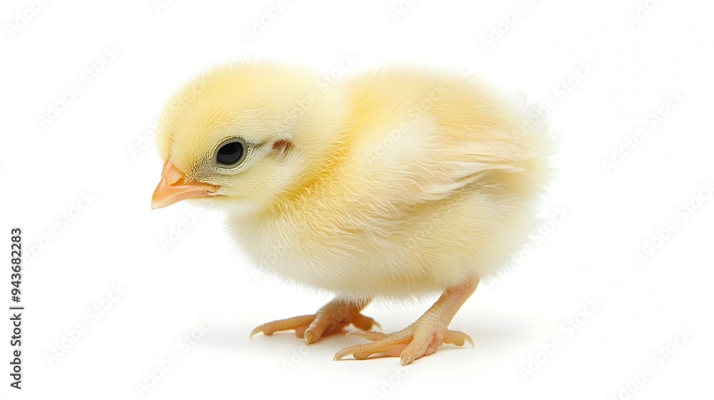 Obraz premium Tiny Yellow Chick Pecking the Ground on White Background