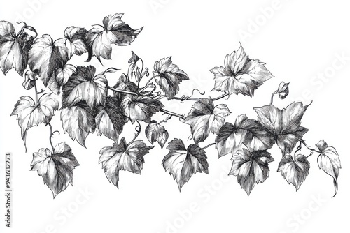 Black and white Vintage engraved art of Virginia creeper vines, isolated on white background, ink sketch illustration, simple vector art design, highly detailed line art, high contrasty photo