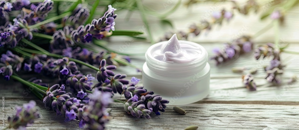 cosmetic cream and fresh lavender leaves on a white wooden table surface. with copy space image. Place for adding text or design cosmetic cream and fresh lavender leaves on a white wooden table surface. with copy space image. Place for adding text or design