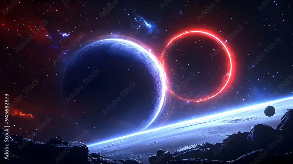 A large blue planet with a red ring in space, a small moon in the foreground. A large blue planet with a red ring in space, a small moon in the foreground.