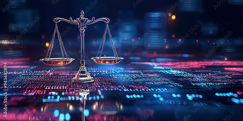 The digital scales of justice against the backdrop of data and code symbolize the rule of law in the virtual world The digital scales of justice against the backdrop of data and code symbolize the rule of law in the virtual world