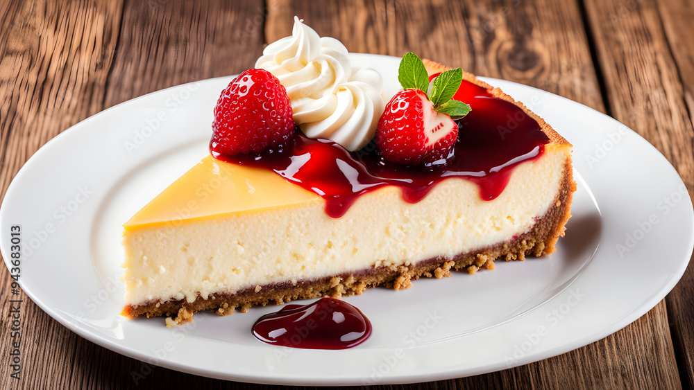 Cheesecake slice, New York style classical cheese cake on wooden background. Slice of tasty cake on white plate served, ai Cheesecake slice, New York style classical cheese cake on wooden background. Slice of tasty cake on white plate served, ai