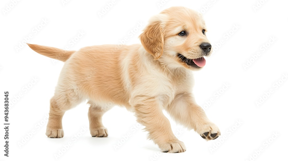 Friendly Golden Retriever Puppy Wagging Its Tail on White Background Friendly Golden Retriever Puppy Wagging Its Tail on White Background