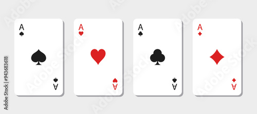 Four aces with different card suits. Hearts, crosses, spades and diamonds. Vector illustration.