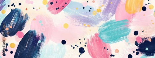 Abstract background with colorful brush strokes and dots, pastel blue pink purple cream. Pastel cute background