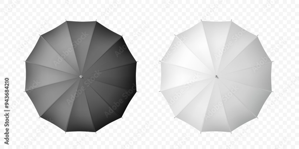 White and black umbrella mockups. Top view. Isolated on transparent background. Stock vector template White and black umbrella mockups. Top view. Isolated on transparent background. Stock vector template
