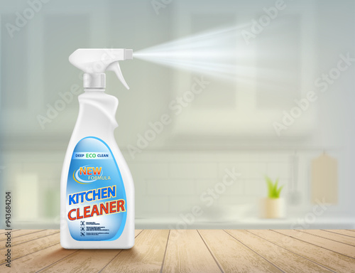 Kitchen cleaner spray bottle on the table in the kitchen. Stock vector illustration