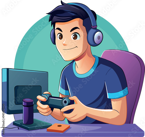 Gamer concentrating and holding a joystick while playing video games on a console