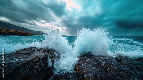 Ocean waves crashing against a rocky shore under a cloudy sky showing the interaction between water and atmosphere in coastal ecosystems