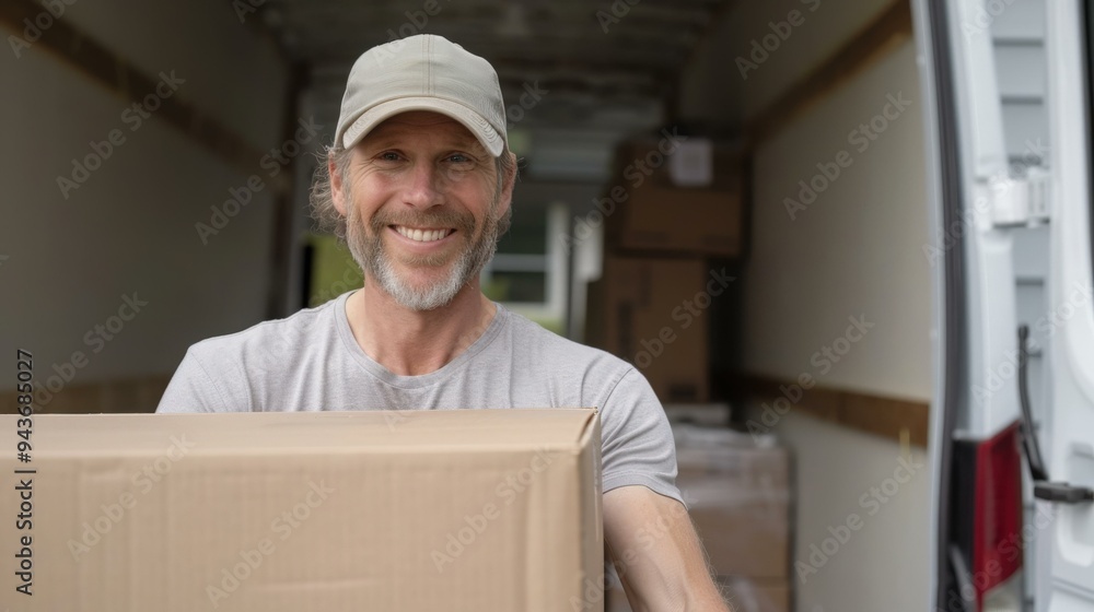 portrait of a hispanic mid-age senior delivery man delivering packaging boxes by his van, professional service, last-mile delivery portrait of a hispanic mid-age senior delivery man delivering packaging boxes by his van, professional service, last-mile delivery