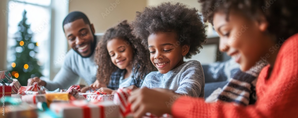 Close-up of a joyful family gathered around a table enjoying Christmas festivities, exchanging gifts with smiles and laughter, creating cherished holiday memories together in a cozy home setting. Close-up of a joyful family gathered around a table enjoying Christmas festivities, exchanging gifts with smiles and laughter, creating cherished holiday memories together in a cozy home setting.