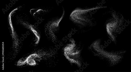 Falling dust or white powder, isolated set of splashes effect. Vector realistic crystal particles, flour, sugar or salt. Cooking ingredients scattering. Chalk or dry ice, swirls and waves or lines