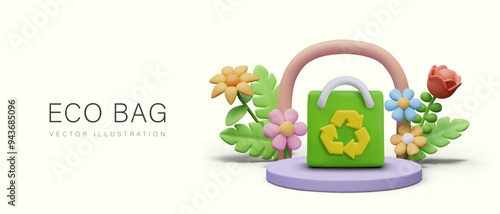 Advertising of eco bags. Green bag with recycling sign is standing on round podium