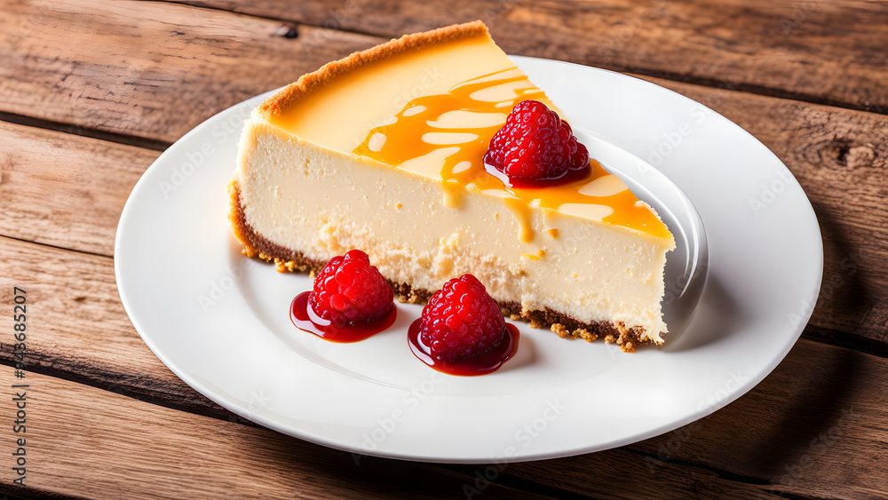 Cheesecake slice, New York style classical cheese cake on wooden background. Slice of tasty cake on white plate served, ai Cheesecake slice, New York style classical cheese cake on wooden background. Slice of tasty cake on white plate served, ai