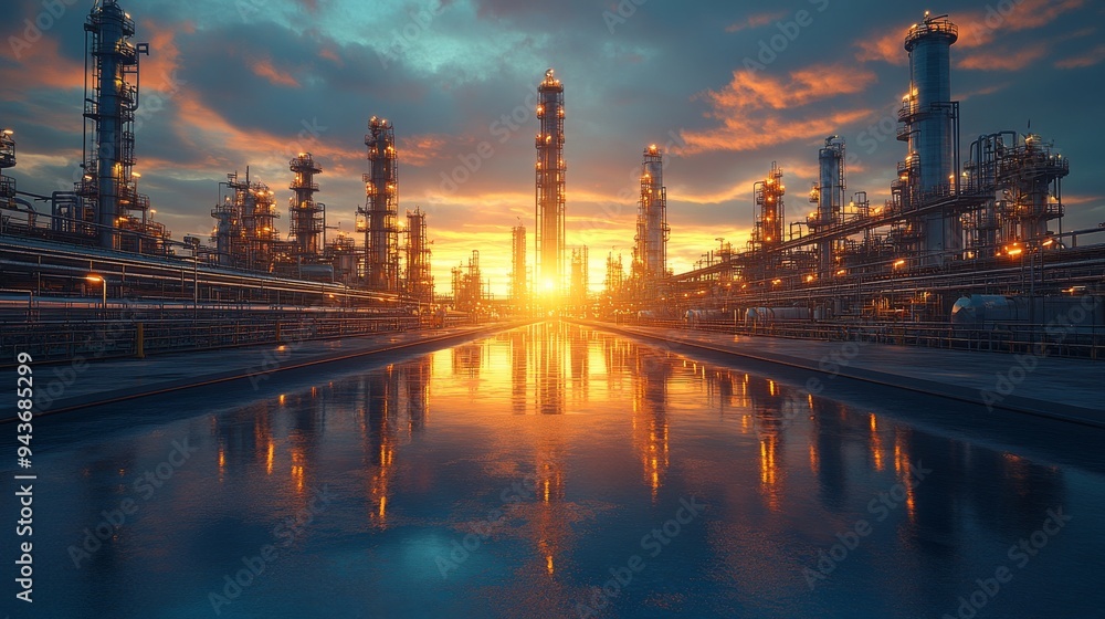 Fototapeta premium The sun sets behind an industrial complex, illuminating carbon capture structures and reflecting in nearby water.