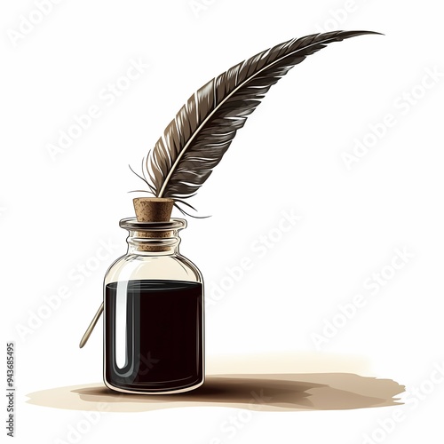 Quill Pen and Ink Bottle with Cork Stopper