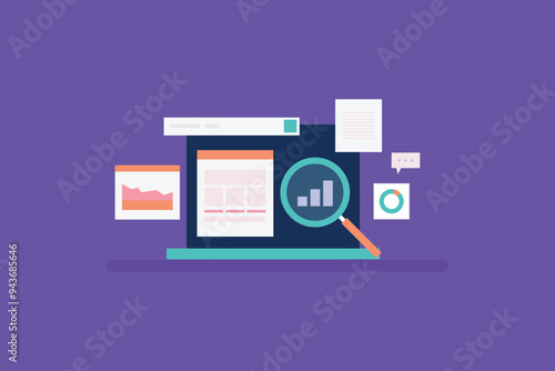 Website Analysis software, Website SEO analytics, Data driven marketing strategy,  SEO checker online. Vector illustration background.