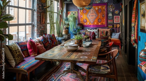 room with colorful textiles, eclectic decor, and natural materials creates a vibrant and relaxed atmosphere