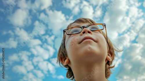 A young boy wearing glasses is looking up at the sky