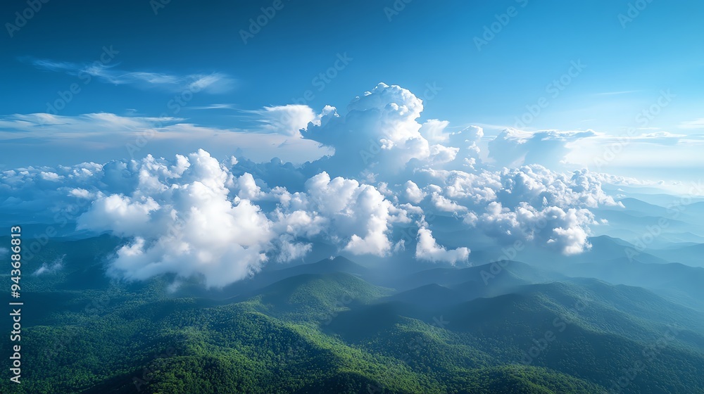 Cumulus clouds floating over a scenic mountain range, with crisp, clear air highlighting the vibrant landscape below, Cumulus Scenic Air, Breathtaking natural vista Cumulus clouds floating over a scenic mountain range, with crisp, clear air highlighting the vibrant landscape below, Cumulus Scenic Air, Breathtaking natural vista