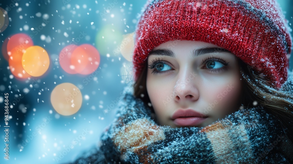 A woman wrapped in cozy winter attire stands amidst a gently falling snow, embodying the chilly essence of the season while staying warm A woman wrapped in cozy winter attire stands amidst a gently falling snow, embodying the chilly essence of the season while staying warm