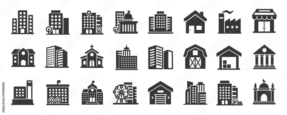 Building glyph solid icons collection. Containing skyscraper, government, hospital, house. Minimal icon and symbol series vector illustration Building glyph solid icons collection. Containing skyscraper, government, hospital, house. Minimal icon and symbol series vector illustration