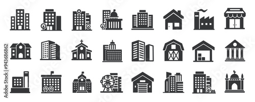 Building glyph solid icons collection. Containing skyscraper, government, hospital, house. Minimal icon and symbol series vector illustration