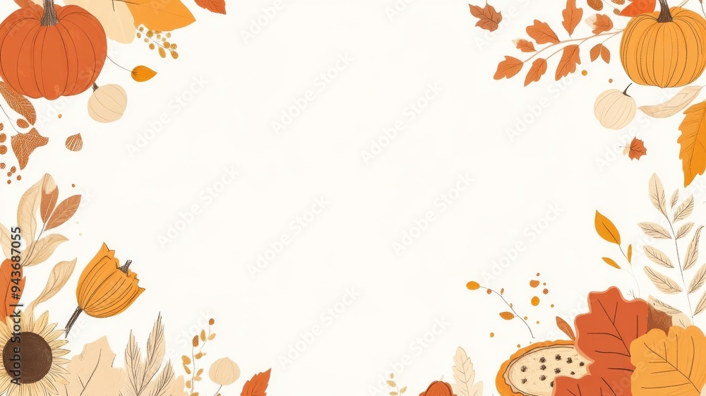 A Thanksgiving theme border, seasonal festive, featuring pumpkins, sunflowers, colorful leaves, pies, and others. Warm colors, on white background. A Thanksgiving theme border, seasonal festive, featuring pumpkins, sunflowers, colorful leaves, pies, and others. Warm colors, on white background.