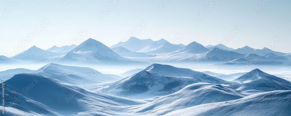 Distant mountains layered with fluffy, snowcovered ridges, under a clear, pale winter sky, Fluffy Distant Layers, Majestic winter view Distant mountains layered with fluffy, snowcovered ridges, under a clear, pale winter sky, Fluffy Distant Layers, Majestic winter view
