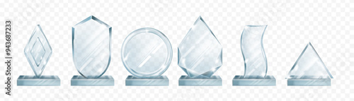 Prizes and awards for winners and champions. Vector isolated glass trophy with copy space. Plexiglass transparent glossy panels, recognition and achievement to champions of challenge or at work