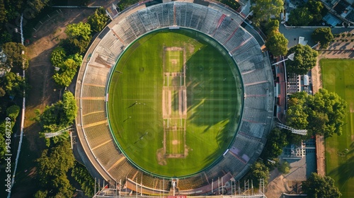 Wallpaper Mural Aerial view of a cricket stadium with a perfectly maintained pitch and empty grandstands Torontodigital.ca