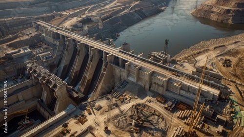 Aerial view of a large-scale dam construction site, with concrete and steel structures taking shape