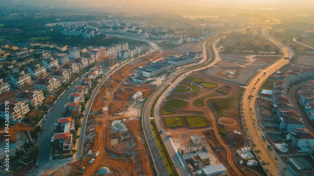 Aerial view of a new urban development with roads, utilities, and building sites prepared for construction Aerial view of a new urban development with roads, utilities, and building sites prepared for construction