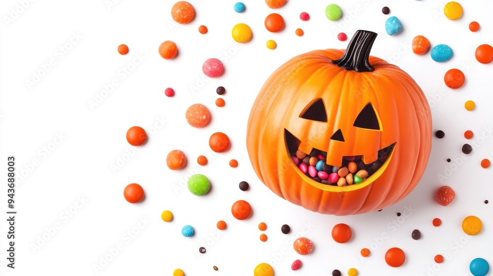 Fototapeta premium Halloween pumpkin cheerful ghost candy holder, flat design, top view, colorful candies, isolated on white background