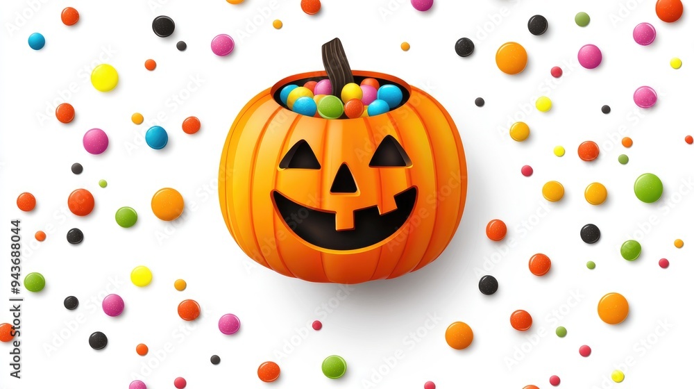 Fototapeta premium Halloween pumpkin cheerful ghost candy holder, flat design, top view, colorful candies, isolated on white background
